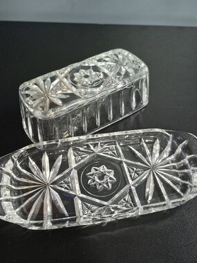 Clear Cut Glass Decorative Trinket Box and Tray Set